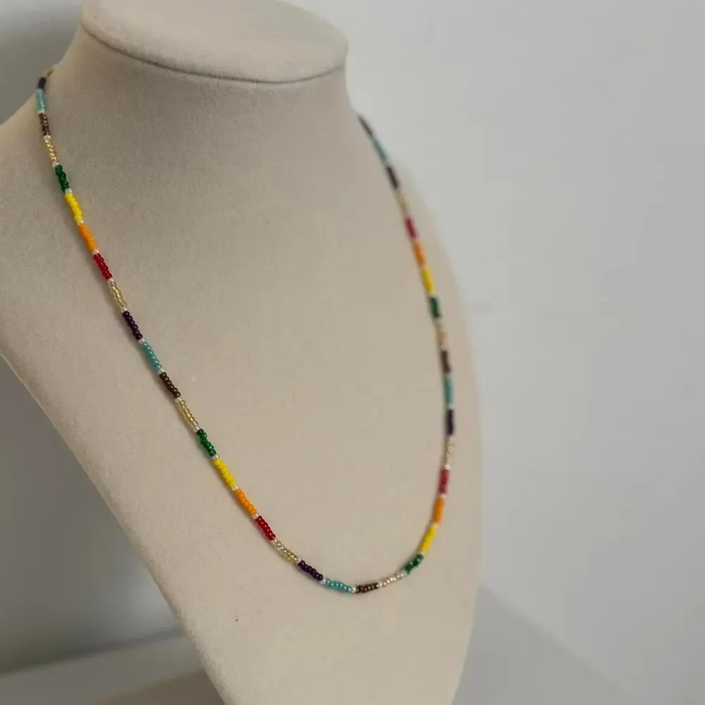 Rainbow Beaded Necklace Boho Handmade Colorful Jewelry Unique Gift Artisan Piece - Picture 2 of 3